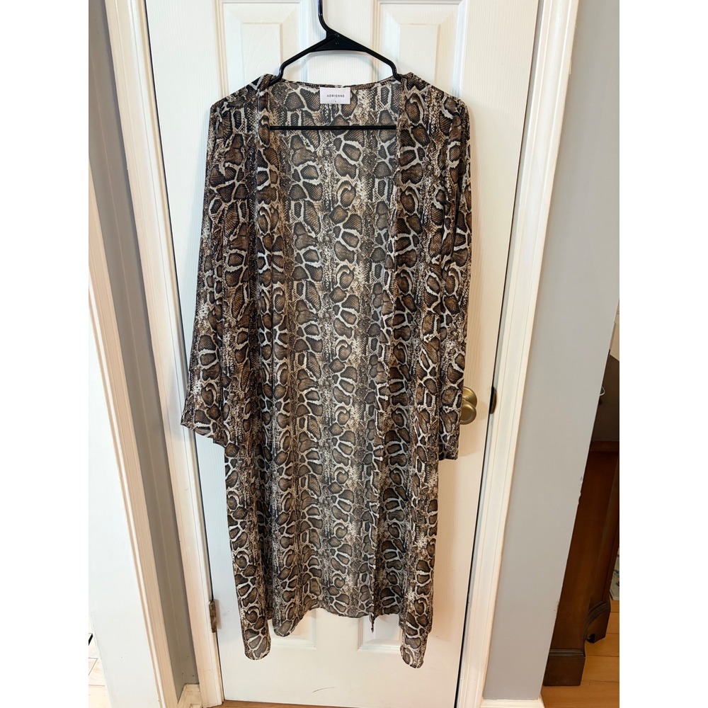 Adrienne Duster Cardigan Womens L Brown Snakeskin Animal Print Sheer Open Front
